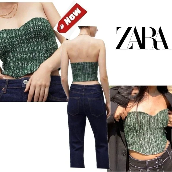 Zara green tweed bustier corset sweetheart neckline crop top Sz M NWT - Picture 2 of 12